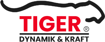 Tiger-Logo in Schwarz und Rot, dynamisches Design mit stilisiertem Tigerkopf.