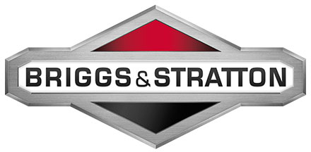 Logo von Briggs & Stratton mit rotem und schwarzem Detail, silbernem Rahmen und markantem Schriftzug.