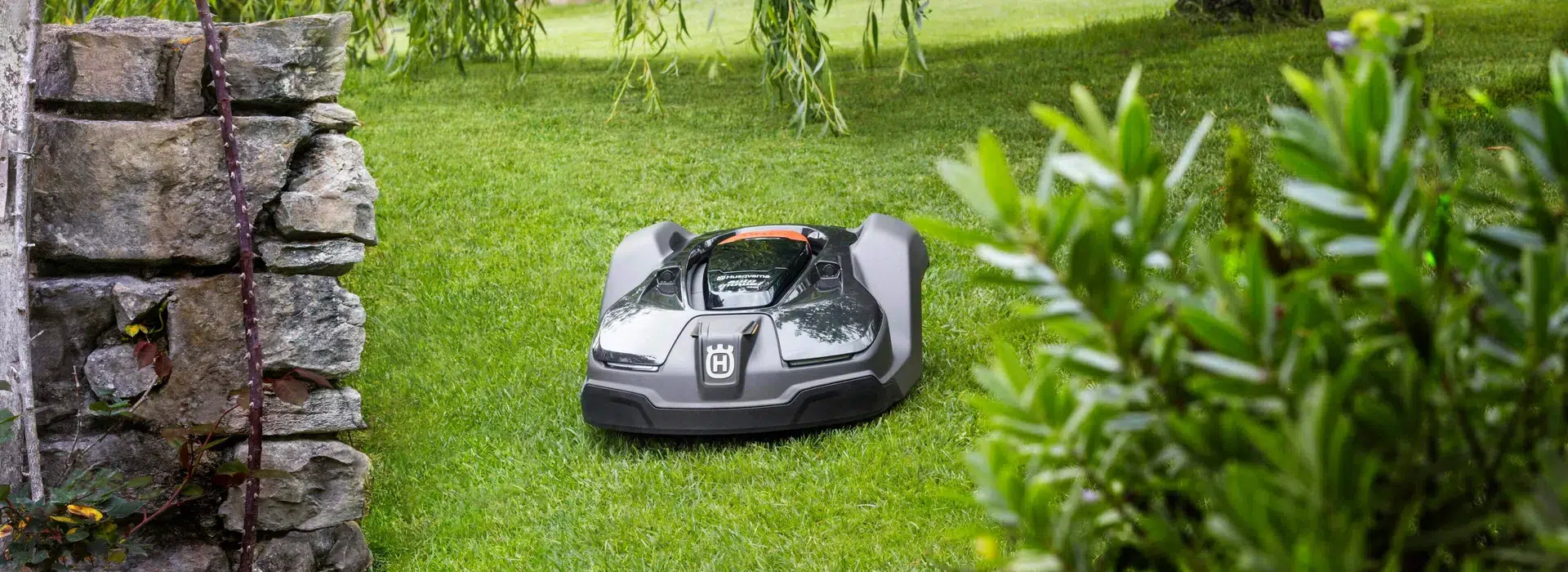 Ein grauer Mähroboter mäht Rasen in einem Garten mit grünen Büschen und einer Steinwand.